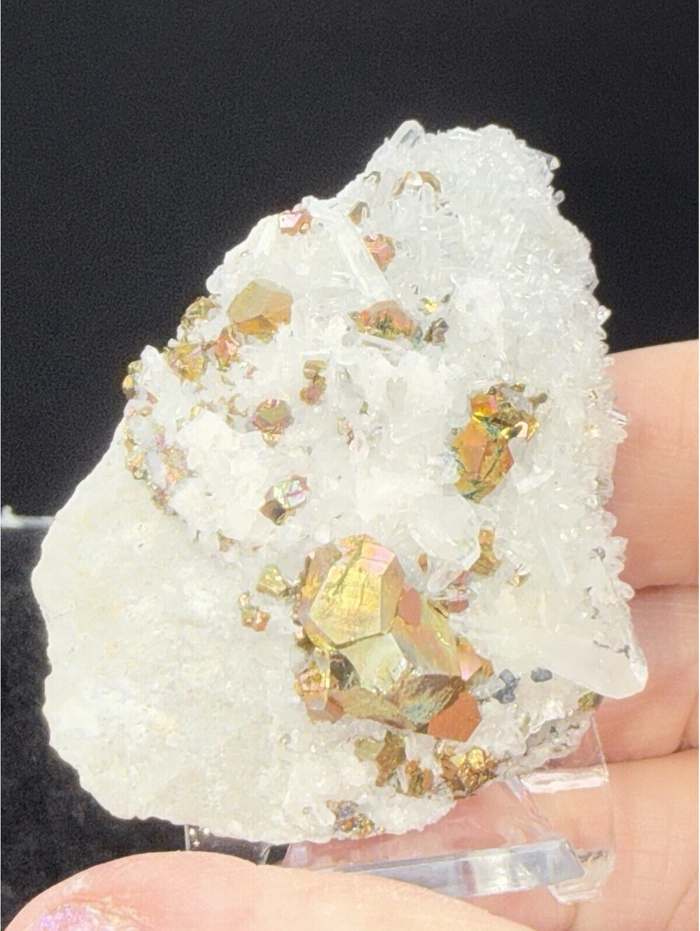 Naturally Iridescent Pyrite on Quartz Crystal Specimen Indonesia
